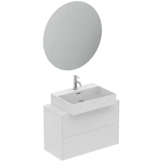 IDEAL STANDARD CONCA - nábytkový balíček 802x450x843 mm, svislá vzdálenost 110 mm od středu výtoku, matně bíle lakovaný, 5 l/min (3 bary), 1 otvor pro baterii, s přepadem, s výsuvným odpadem, 2 zásuvky - bez rukojeti, perlátor, skrytý perlátor, síťový provoz, push-to-open, SoftClosing, FirmaFlow, dřevo z udržitelných zdrojů #T4633Y1 - matně bílá