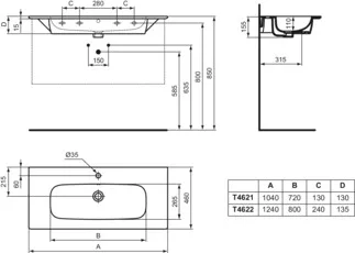 IDEAL STANDARD I.LIFE A - Nábytkové umyvadlo 1240x460x155 mm v bílém lesku, 1 otvor pro baterii, s přepadem #T462201 - Bílá (Alpine), obrázek 6