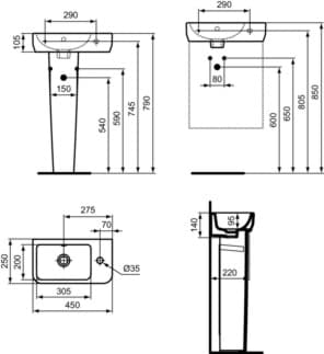 IDEAL STANDARD I.LIFE S - Umyvadlo s ručním oplachováním 450x250x140 mm v bílé lesklé barvě, 1 otvor pro baterii, s přepadem - Prostorově úsporné umyvadlo #T458601 - Bílá (Alpine), obrázek 5