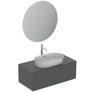 IDEAL STANDARD CONCA - nábytkový balíček 1002x505x683 mm, svislá vzdálenost 170 mm od středu výtoku, antracitově matně lakovaný, 5 l/min (3 bar), bez otvoru pro baterii, s přepadem, s výsuvným odpadem, 1 zásuvka - bez úchytky, perlátor, skrytý perlátor, síťový provoz, push-to-open, SoftClosing, FirmaFlow, dřevo z udržitelných zdrojů #T4636Y2 - antracitově matný