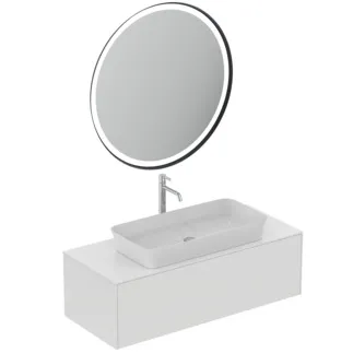 IDEAL STANDARD CONCA - nábytkový balíček 1202x505x683 mm, svislá vzdálenost 170 mm od středu výtoku, matně bíle lakovaný, 5 l/min (3 bary), bez otvoru pro kohoutek, bez přepadu, bez výsuvného odpadu, 1 zásuvka - bez úchytky, perlátor, skrytý perlátor, síťový provoz, push-to-open, SoftClosing, FirmaFlow, dřevo z udržitelných zdrojů #T4640Y1 - matně bílá