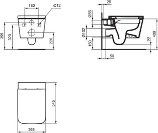 IDEAL STANDARD BLEND CUBE - Závěsný WC balíček 365x545x375 mm v bílé lesklé barvě, plné splachování CL1 4,5 - 6 l/min, horizontální odtok - CL1, CL2, technologie splachování bez okrajů RimLS+, SoftClosing WC #T520701 - bílá (Alpine), obrázek 2