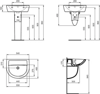 IDEAL STANDARD EUROVIT - Umyvadlo 550x460x175 mm v bílém lesku, bez otvoru pro baterii, s přepadem #W332701 - Bílá (Alpine), obrázek 2