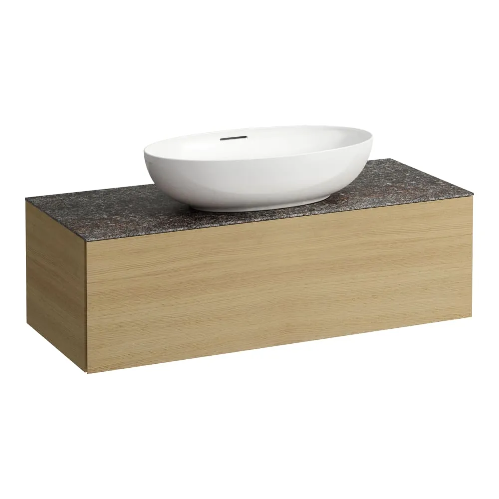 LAUFEN ILBAGNOALESSI Zásuvkový element 1200, s jednou zásuvkou, s výřezem uprostřed, s vrchní deskou Marrone Naturale, pro umyvadlo H818975/6, H818977/8 1200 x 500 x 370 mm #H4323110979901 - 250 - Světlý dub