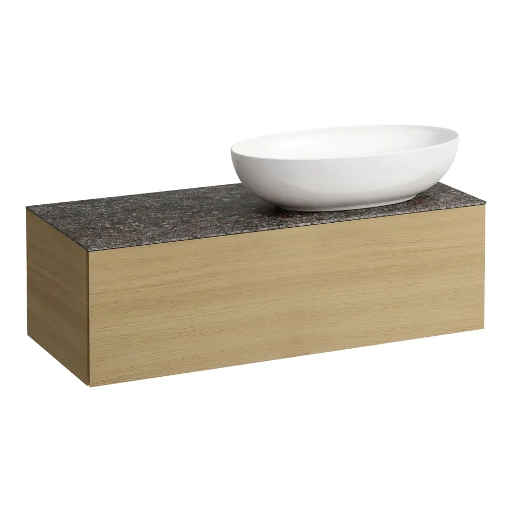 LAUFEN ILBAGNOALESSI Zásuvkový element 1200, s jednou zásuvkou, s výřezem vpravo, s vrchní deskou Marrone Naturale vč. otvoru pro baterii, pro umyvadlo H818977/8 1200 x 500 x 370 mm #H4323190979901 - 250 - Světlý dub