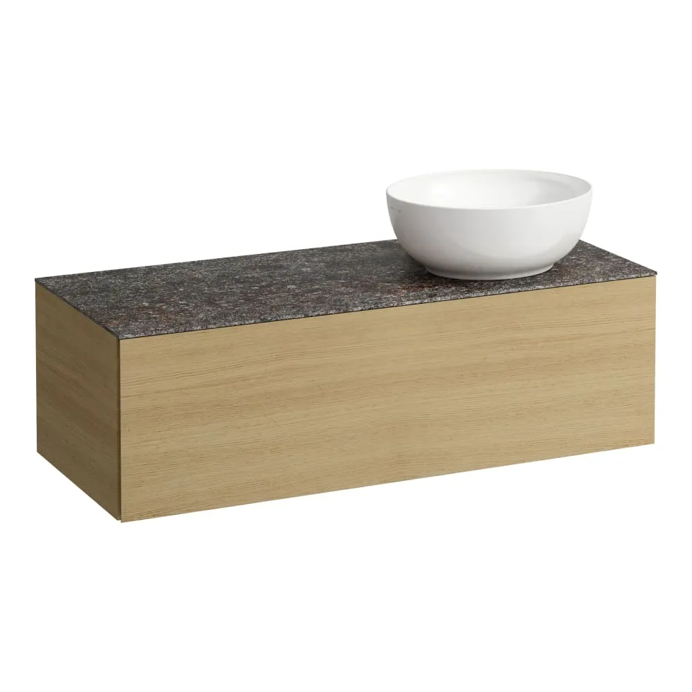 LAUFEN ILBAGNOALESSI Zásuvkový element 1200, s jednou zásuvkou, s výřezem vpravo, s vrchní deskou Marrone Naturale vč. otvoru pro baterii, pro umyvadlo H818975/6 1200 x 500 x 370 mm #H4323170972501 - 250 - Světlý dub