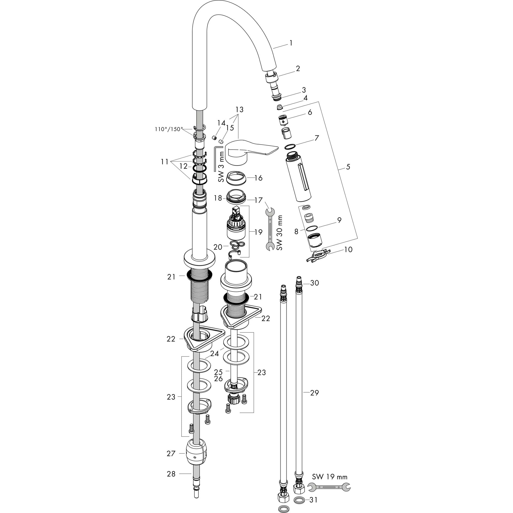 HANSGROHE AXOR Citterio M 2-otvorová jednopáková kuchyňská baterie 220 s výsuvným postřikovačem EcoSmart #34824000 - chrom