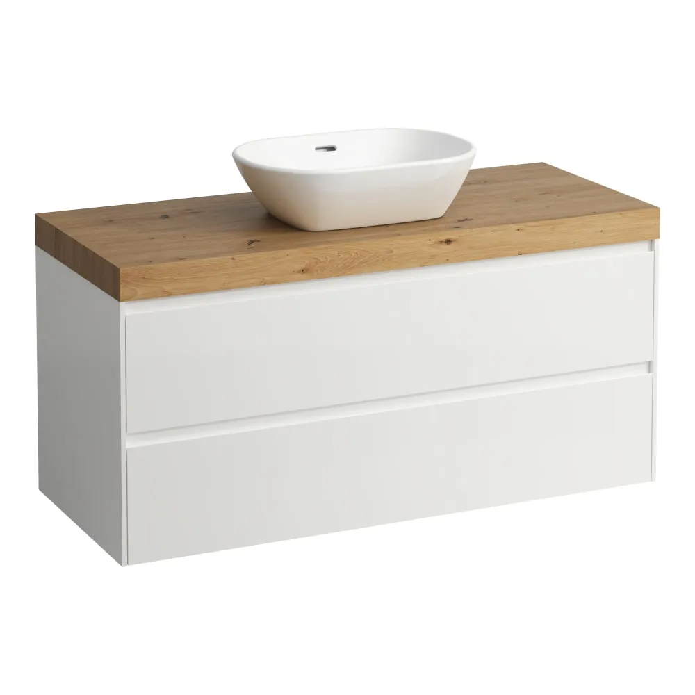 LAUFEN LANI Modulární sestava 1200, umyvadlová deska 65 mm (.267 divoký dub), s výřezem uprostřed, se 2 zásuvkami 1185 x 495 x 580 mm #H4065711122611 - 260 - Bílá mat
