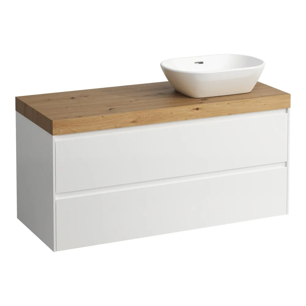 LAUFEN LANI Modulární sestava 1200, umyvadlová deska 65 mm (.267 divoký dub), s výřezem vpravo, se 2 zásuvkami 1185 x 495 x 580 mm #H4065731129901 - 260 - Bílá mat