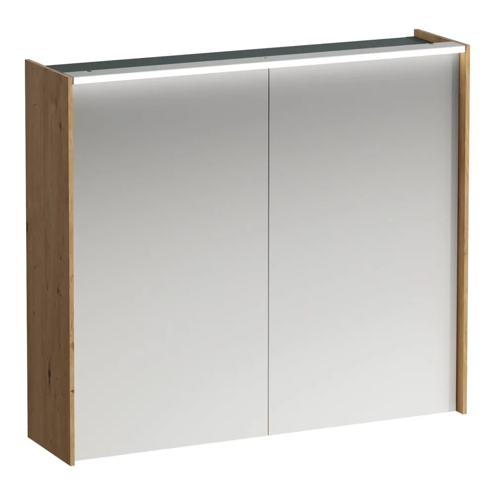 LAUFEN LANI Zrcadlová skříňka, 800 mm, 2 dvířka, s vodorovným LED osvětlením, 2 skleněné poličky, el. zásuvka 820 x 210 x 715 mm #H4037621122671 - 267 - Divoký dub