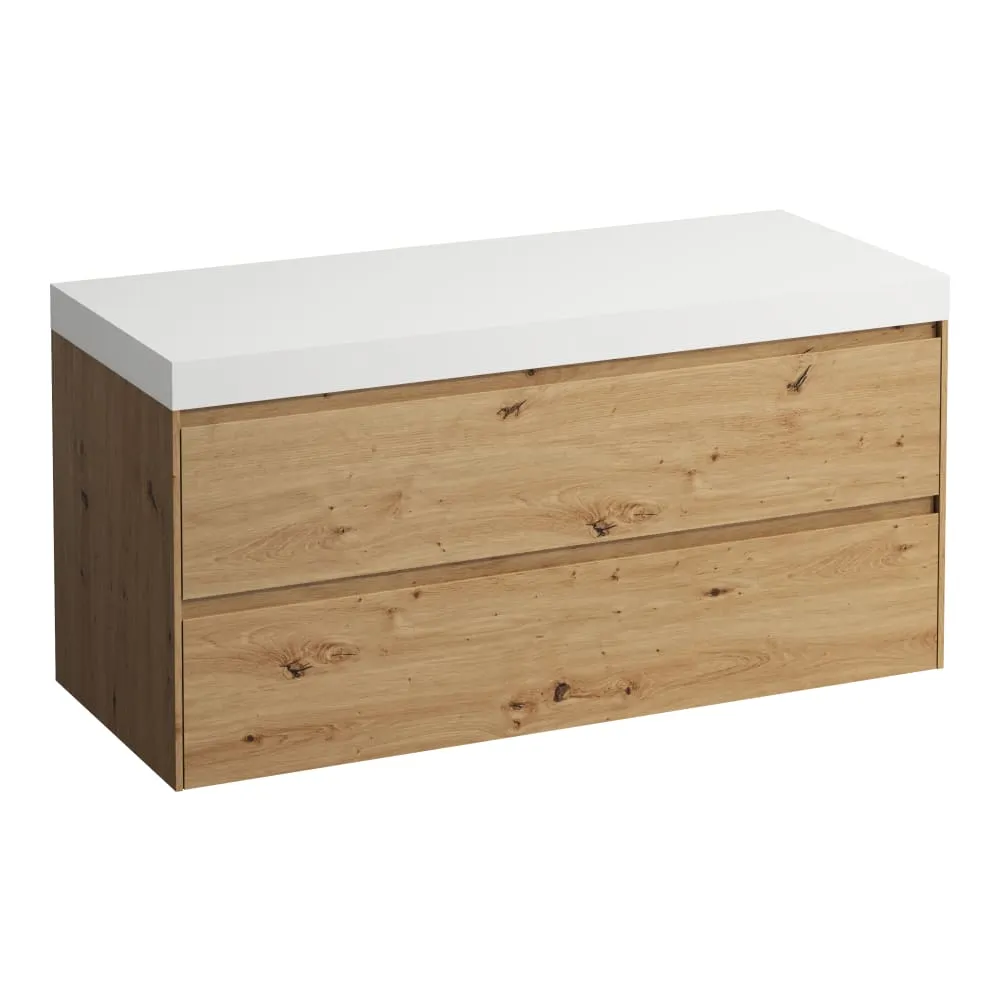 LAUFEN LANI Modulární sestava 1200, umyvadlová deska 65 mm (.260 bílá mat), bez výřezu,se 2 zásuvkami 1185 x 495 x 580 mm #H4045701122671 - 267 - Divoký dub