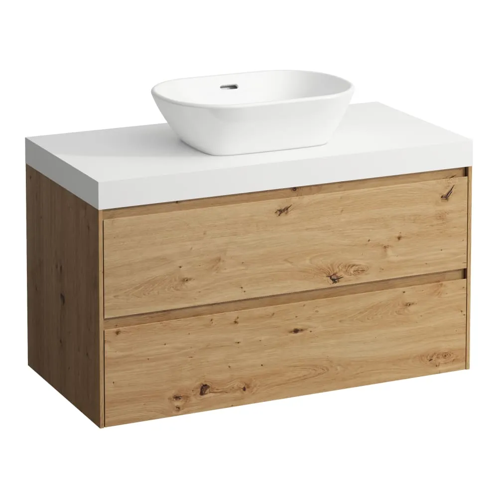 LAUFEN LANI Modulární sestava 1000, umyvadlová deska 65 mm (.260 bílá mat), s výřezem uprostřed, se 2 zásuvkami 985 x 495 x 580 mm #H4045611122671 - 267 - Divoký dub