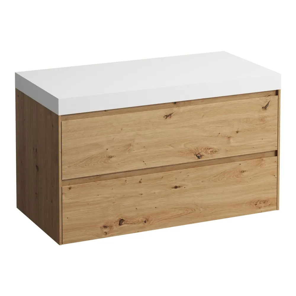 LAUFEN LANI Modulární sestava 1000, umyvadlová deska 65 mm (.260 bílá mat), bez výřezu, se 2 zásuvkami 985 x 495 x 580 mm #H4045601122671 - 267 - Divoký dub