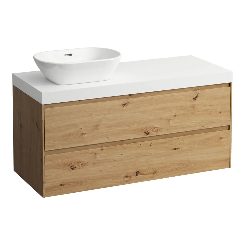 LAUFEN LANI Modulární sestava 1200, umyvadlová deska 65 mm (.260 bílá mat), s výřezem vlevo, se 2 zásuvkami 1185 x 495 x 580 mm #H4045721122671 - 267 - Divoký dub