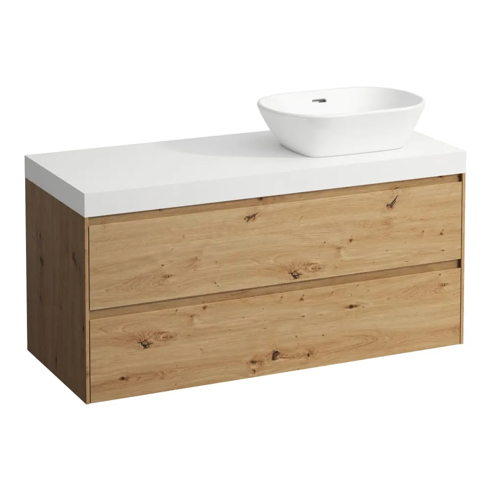 LAUFEN LANI Modulární sestava 1200, umyvadlová deska 65 mm (.260 bílá mat), s výřezem vpravo, se 2 zásuvkami 1185 x 495 x 580 mm #H4045731122671 - 267 - Divoký dub