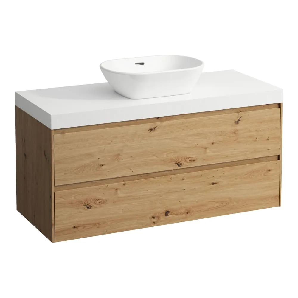 LAUFEN LANI Modulární sestava 1200, umyvadlová deska 65 mm (.260 bílá mat), s výřezem uprostřed, se 2 zásuvkami 1185 x 495 x 580 mm #H4045711122671 - 267 - Divoký dub