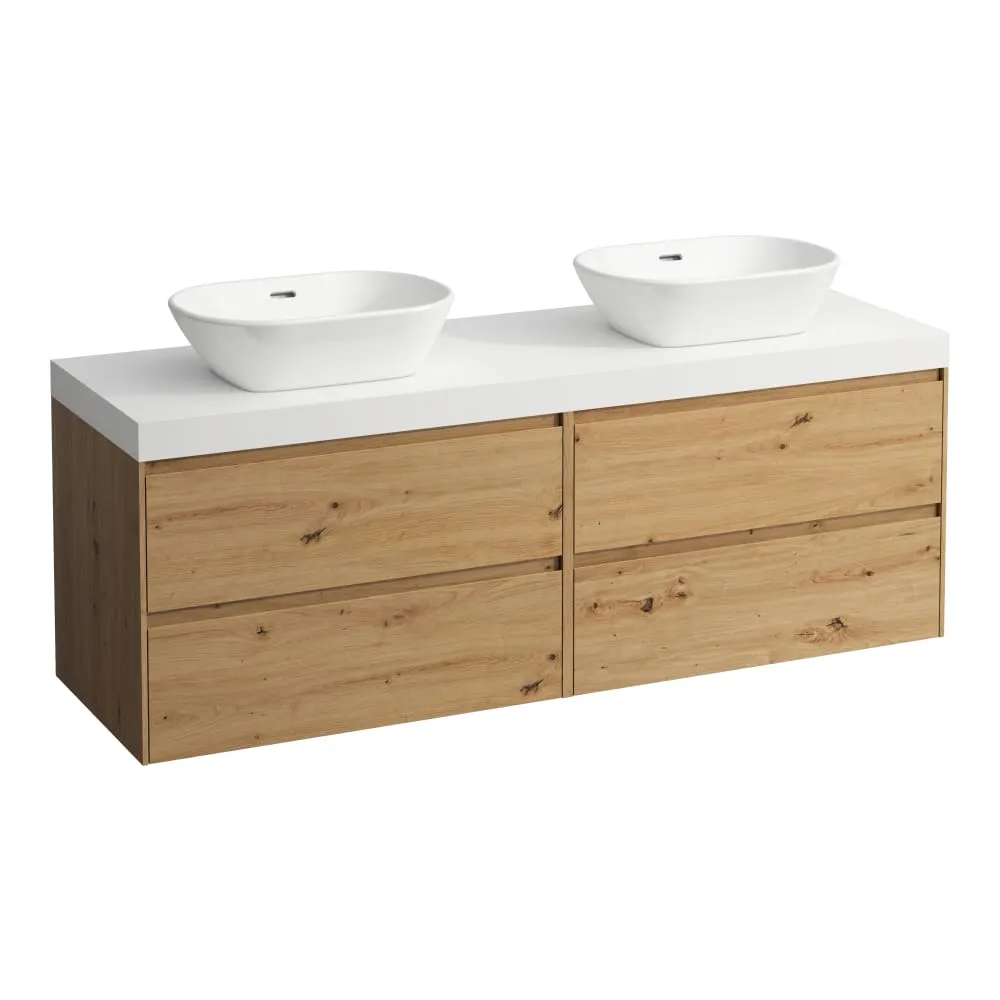 LAUFEN LANI Modulární sestava 1600, umyvadlová deska 65 mm (.260 bílá mat), s výřezy vlevo a vpravo, se 4 zásuvkami: zásuvkový element 800 pravý + zásuvkový element 800 levý 1570 x 495 x 580 mm #H4045941122671 - 267 - Divoký dub