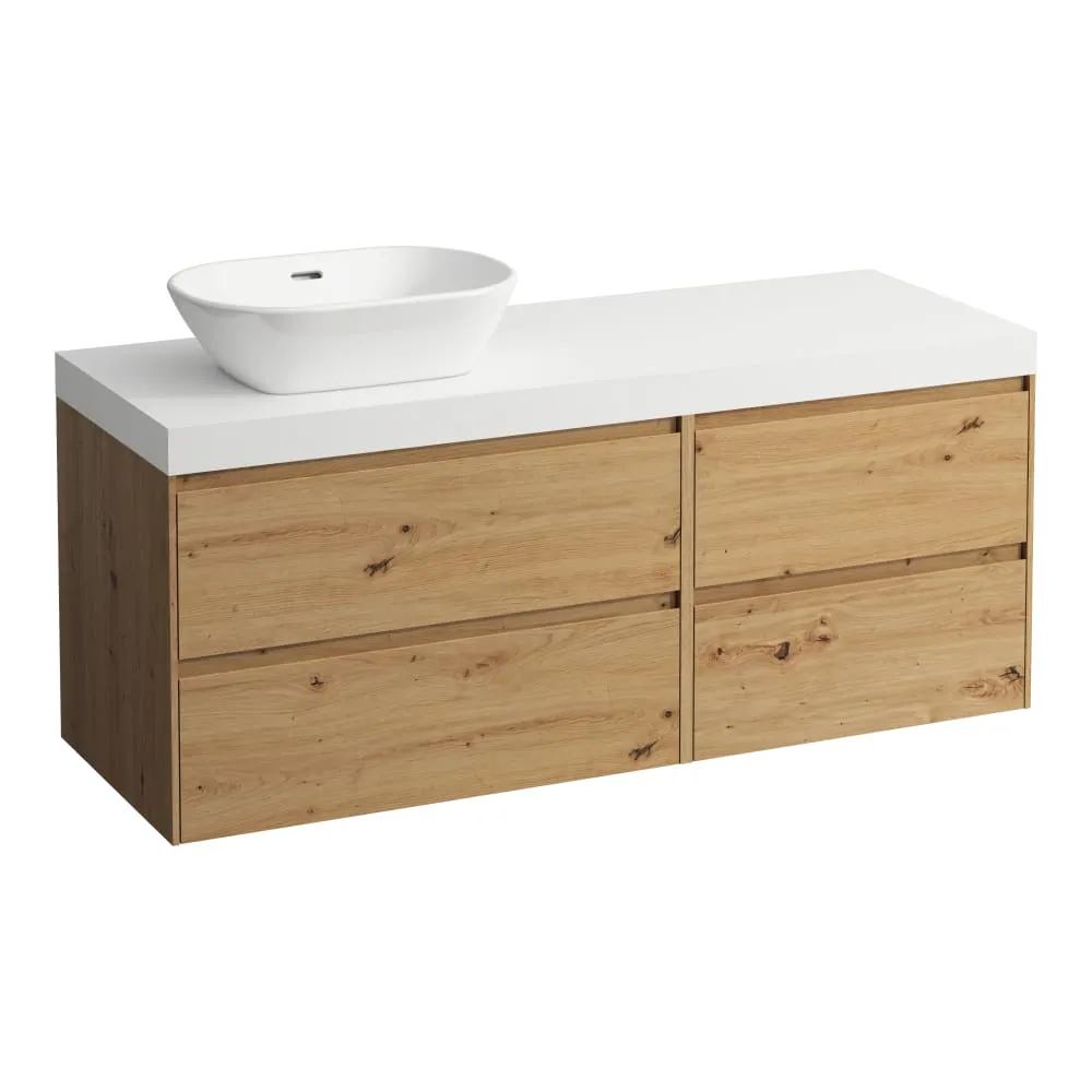 LAUFEN LANI Modulární sestava 1400, umyvadlová deska 65 mm (.260 bílá mat), s výřezem vlevo, se 4 zásuvkami: zásuvkový element 800 levý + zásuvkový element 600 pravý 1370 x 495 x 580 mm #H4045821122671 - 267 - Divoký dub