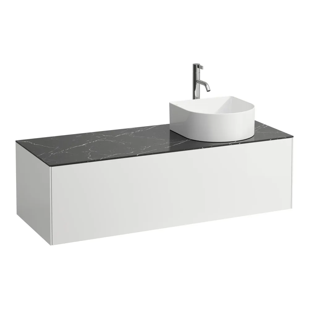 LAUFEN SONAR Skříňka pod umyvadlo, s 1 zásuvkou, pro umyvadlové mísy H812340, H812341, H812342, H812343, s výřezem vpravo vč. otvoru pro baterii uprostřed 1175 x 455 x 340 mm #H4054270341431 - 143 - Bílá mat & nero marquina