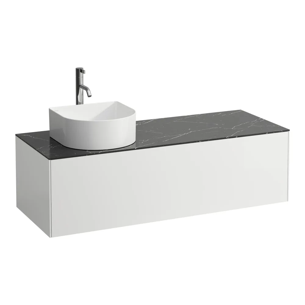 LAUFEN SONAR Skříňka pod umyvadlo, s 1 zásuvkou, pro umyvadlové mísy H812340, H812341, H812342, H812343, s výřezem vlevo vč. otvoru pro baterii uprostřed 1175 x 455 x 340 mm #H4054260341431 - 143 - Bílá mat & nero marquina
