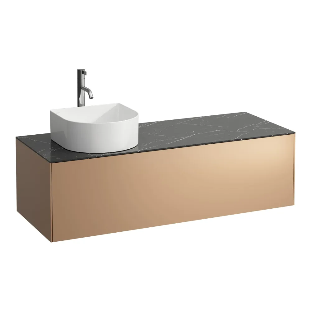LAUFEN SONAR Skříňka pod umyvadlo, s 1 zásuvkou, pro umyvadlové mísy H812340, H812341, H812342, H812343, s výřezem vlevo vč. otvoru pro baterii uprostřed 1175 x 455 x 340 mm #H4054260341411 - 141 - Měď & nero marquina