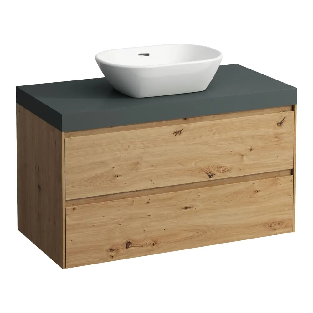 LAUFEN LANI Modulární sestava 1000, umyvadlová deska 65 mm (.266 šedá traffic), s výřezem uprostřed, se 2 zásuvkami 985 x 495 x 580 mm #H4055611122671 - 267 - Divoký dub