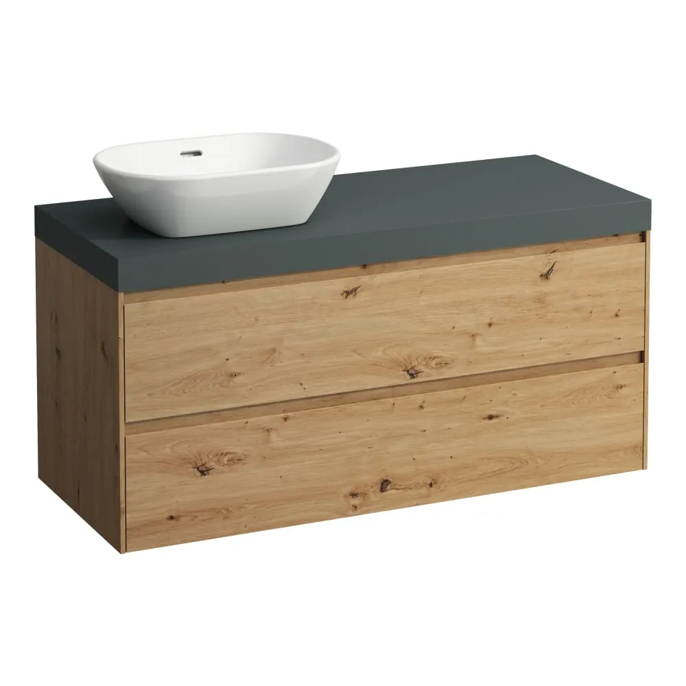 LAUFEN LANI Modulární sestava 1200, umyvadlová deska 65 mm (.266 šedá traffic), s výřezem vlevo, se 2 zásuvkami 1185 x 495 x 580 mm #H4055721122671 - 267 - Divoký dub