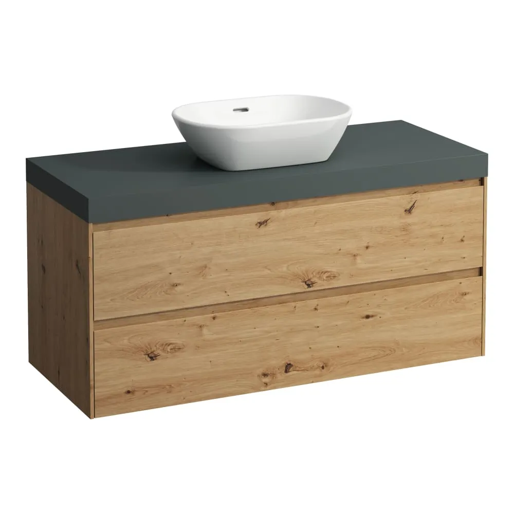 LAUFEN LANI Modulární sestava 1200, umyvadlová deska 65 mm (.266 šedá traffic), s výřezem uprostřed, se 2 zásuvkami 1185 x 495 x 580 mm #H4055711122671 - 267 - Divoký dub