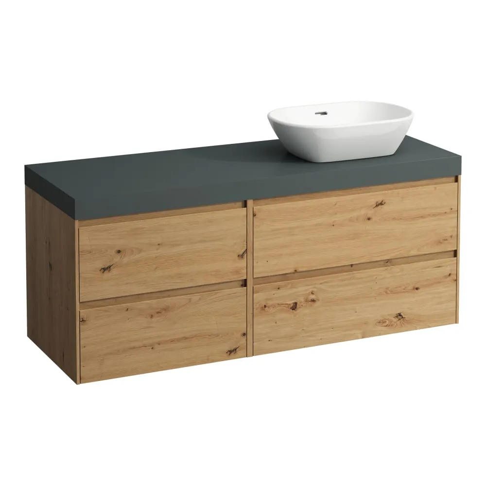 LAUFEN LANI Modulární sestava 1400, umyvadlová deska 65 mm (.266 šedá traffic), s výřezem vpravo, se 4 zásuvkami: zásuvkový element 800 pravý + zásuvkový element 600 levý 1370 x 495 x 580 mm #H4055831122671 - 267 - Divoký dub