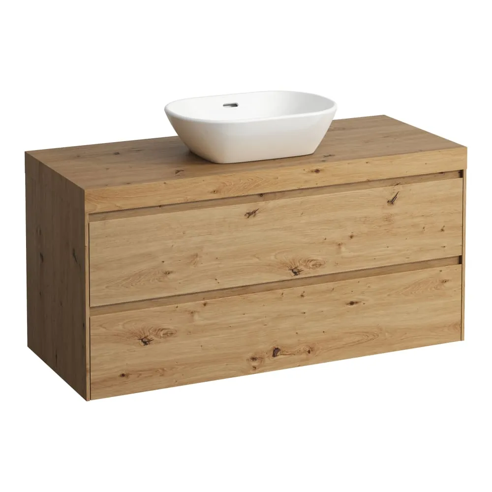 LAUFEN LANI Modulární sestava 1200, umyvadlová deska 65 mm (.267 divoký dub), s výřezem uprostřed, se 2 zásuvkami 1185 x 495 x 580 mm #H4065711122671 - 267 - Divoký dub