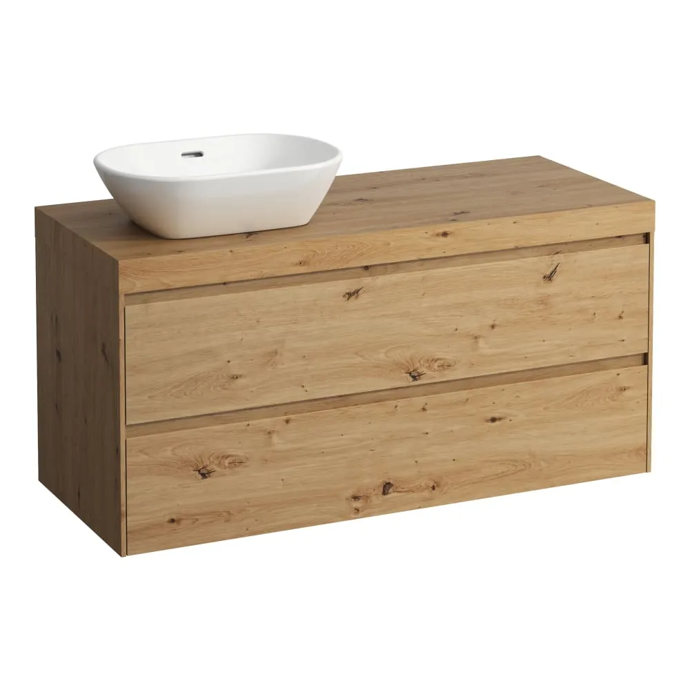 LAUFEN LANI Modulární sestava 1200, umyvadlová deska 65 mm (.267 divoký dub), s výřezem vlevo, se 2 zásuvkami 1185 x 495 x 580 mm #H4065721122671 - 267 - Divoký dub