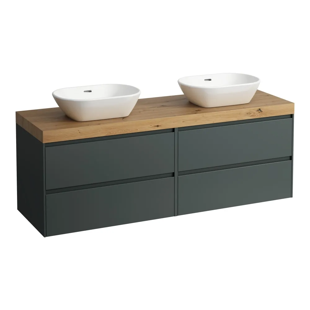 LAUFEN LANI Modulární sestava 1600, umyvadlová deska 65 mm (.267 divoký dub), s výřezy vlevo a vpravo, se 4 zásuvkami: zásuvkový element 800 pravý + zásuvkový element 800 levý 1570 x 495 x 580 mm #H4065941122661 - 266 - Šedá traffic