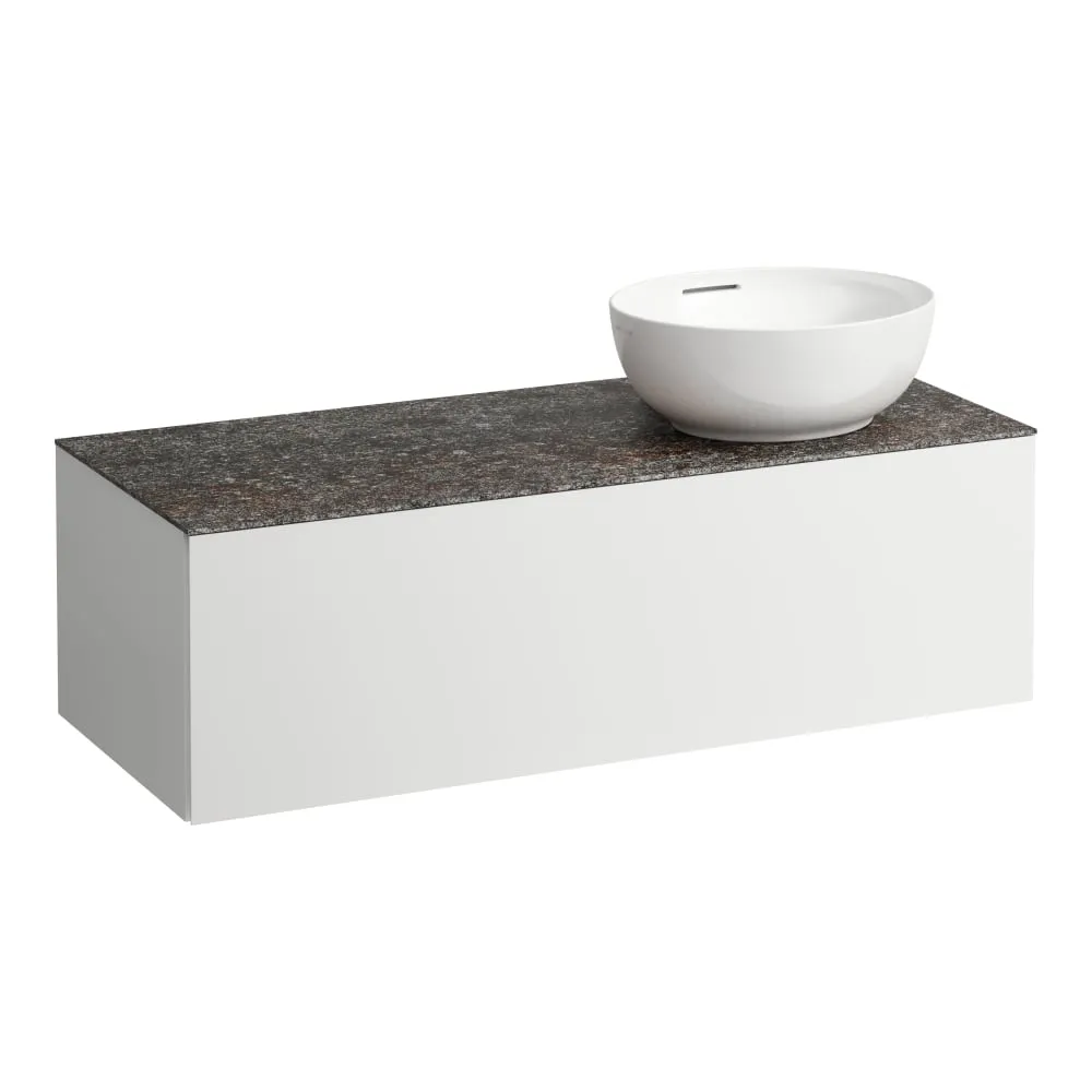 LAUFEN ILBAGNOALESSI Zásuvkový element 1200, s jednou zásuvkou, s výřezem vpravo, s vrchní deskou Marrone Naturale vč. otvoru pro baterii, pro umyvadlo H818975/6 1200 x 500 x 370 mm #H4323170972601 - 260 - Bílá mat