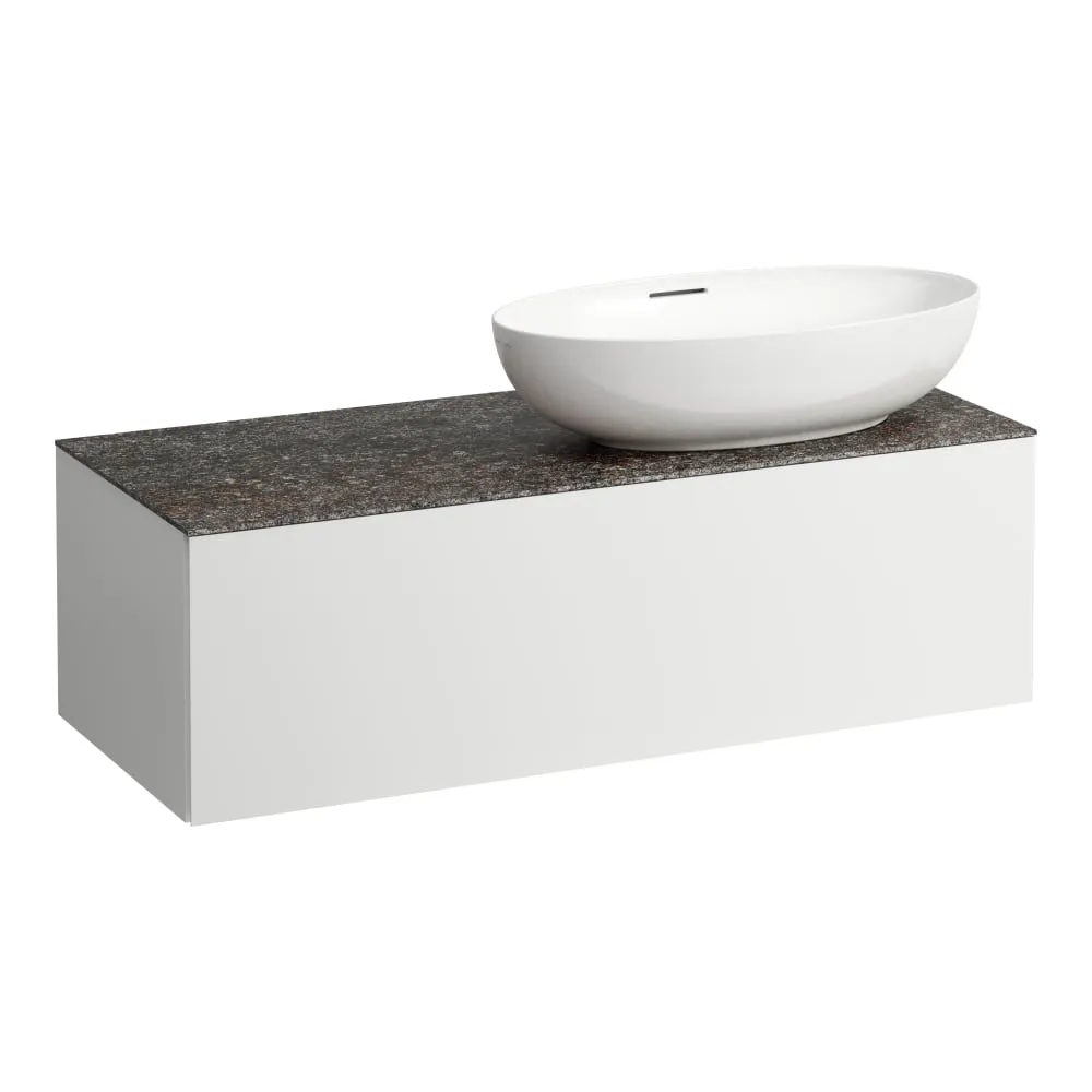 LAUFEN ILBAGNOALESSI Zásuvkový element 1200, s jednou zásuvkou, s výřezem vpravo, s vrchní deskou Marrone Naturale vč. otvoru pro baterii, pro umyvadlo H818977/8 1200 x 500 x 370 mm #H4323190972601 - 260 - Bílá mat