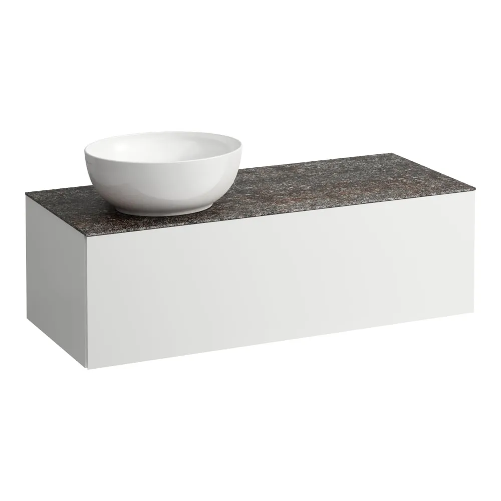 LAUFEN ILBAGNOALESSI Zásuvkový element 1200, s jednou zásuvkou, s výřezem vlevo, s vrchní deskou Marrone Naturale vč. otvoru pro baterii, pro umyvadlo H818975/6 1200 x 500 x 370 mm #H4323160972601 - 260 - Bílá mat