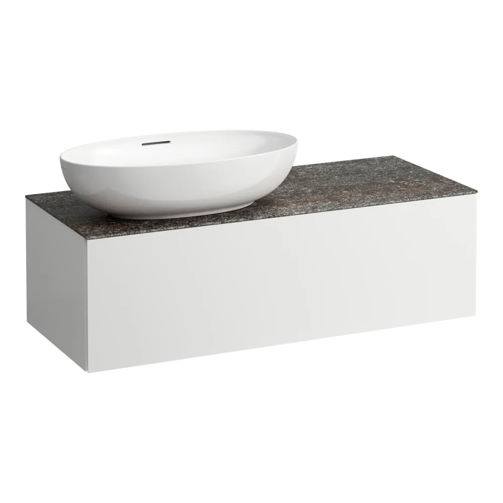 LAUFEN ILBAGNOALESSI Zásuvkový element 1200, s jednou zásuvkou, s výřezem vlevo, s vrchní deskou Marrone Naturale vč. otvoru pro baterii, pro umyvadlo H818977/8 1200 x 500 x 370 mm #H4323100972601 - 260 - Bílá mat