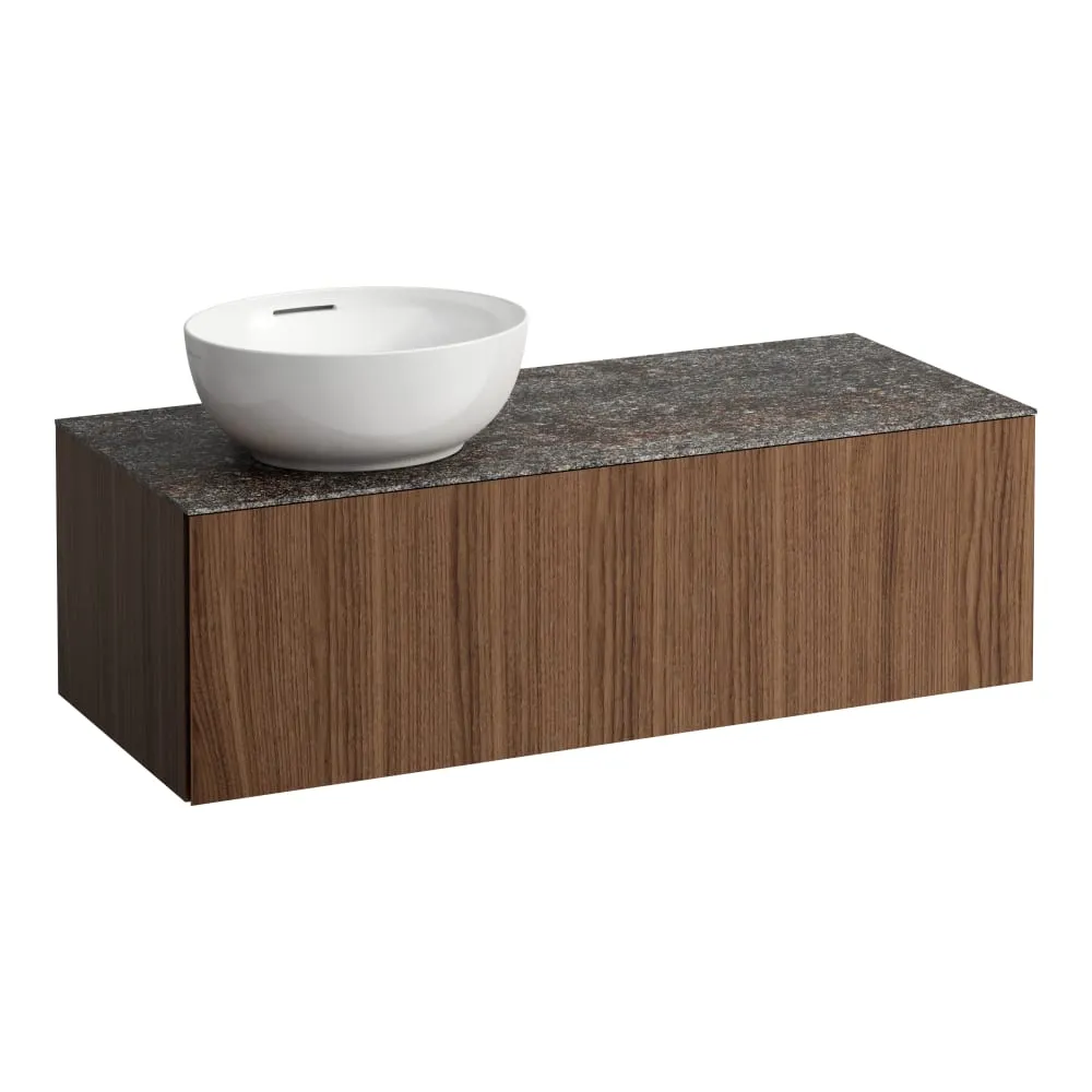 LAUFEN ILBAGNOALESSI Zásuvkový element 1200, s jednou zásuvkou, s výřezem vlevo, s vrchní deskou Marrone Naturale vč. otvoru pro baterii, pro umyvadlo H818975/6 1200 x 500 x 370 mm #H4323160976301 - 630 - Noce canaletto - Dřevěná dýha