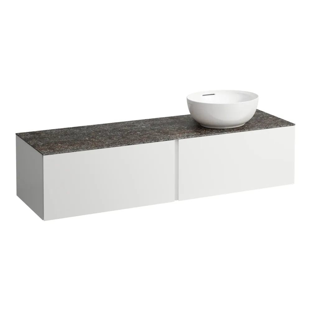 LAUFEN ILBAGNOALESSI Zásuvkový element 1600, se 2 zásuvkami, s výřezem vpravo, s vrchní deskou Marrone Naturale vč. otvoru pro baterii, pro umyvadlo H818975/6, H818977/8 1600 x 500 x 370 mm #H4323560972601 - 260 - Bílá mat