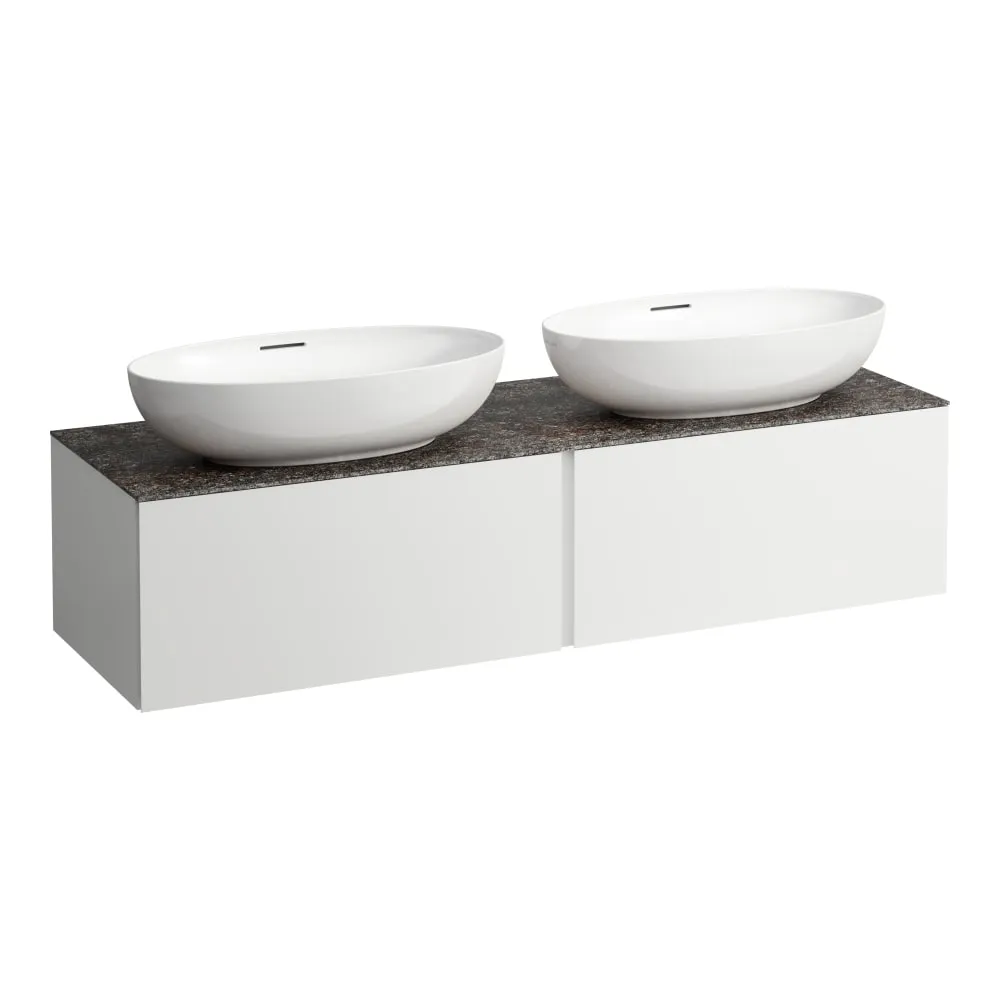 LAUFEN ILBAGNOALESSI Zásuvkový element 1600, se 2 zásuvkami, s výřezem vlevo a vpravo, s vrchní deskou Marrone Naturale vč. otvoru pro baterii, pro umyvadlo H818975/6, H818977/8 1600 x 500 x 370 mm #H4323570972601 - 260 - Bílá mat